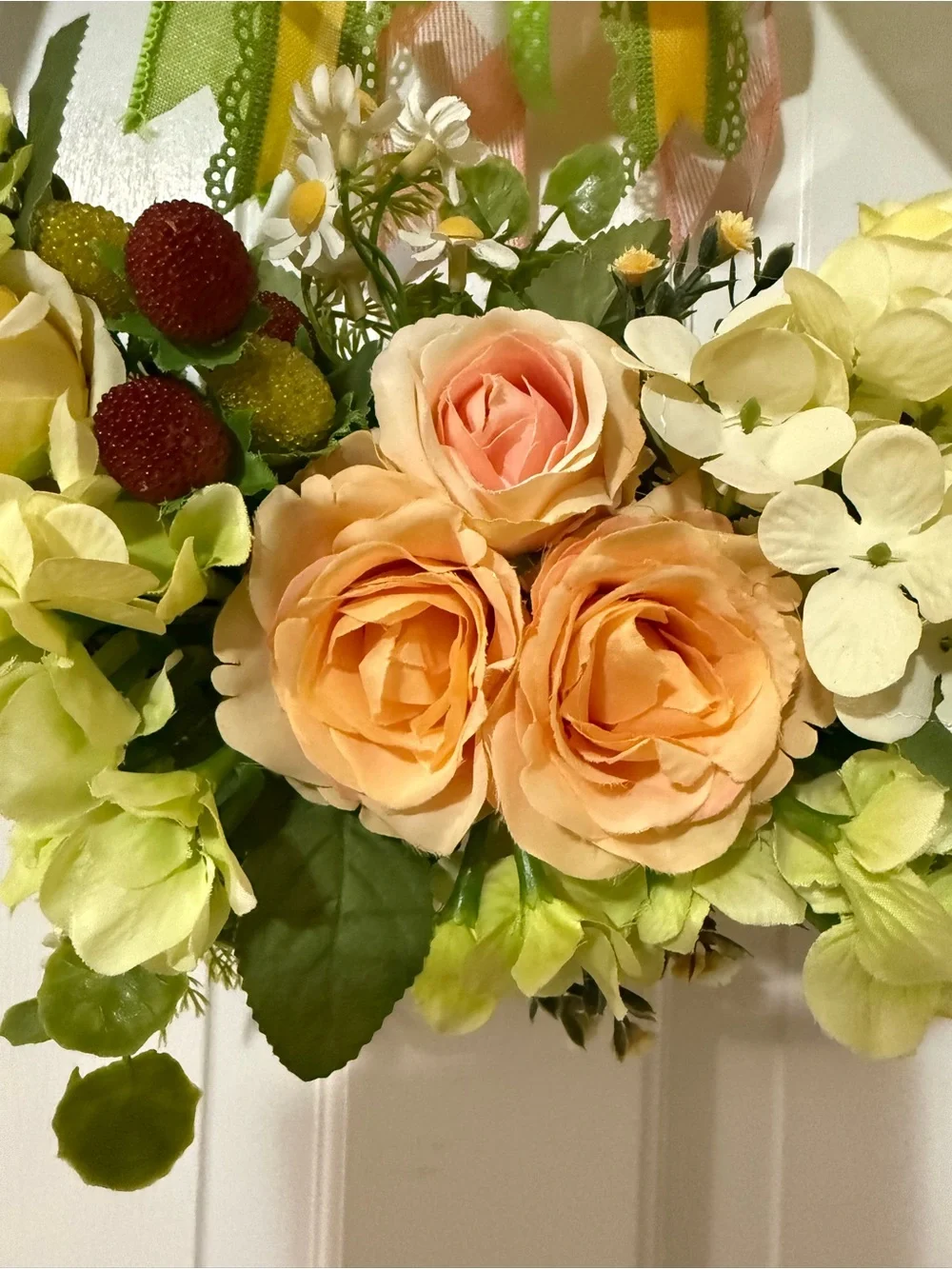 Peach & Green Spring Floral Wreath with Ribbon Bow